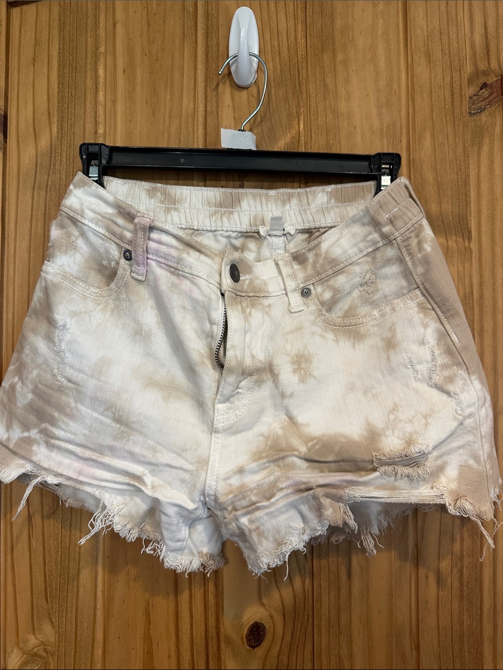 aerie White and Tan Tie-Dye Frayed Hem Jean Shorts with Subtle Pink Accents